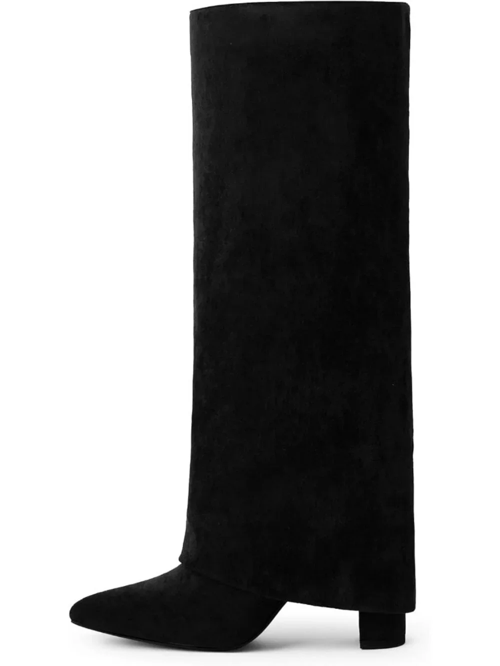 Women's Black Suede Pointed Toe Chunky Heel Faux Leather Over The Knee High Boot
